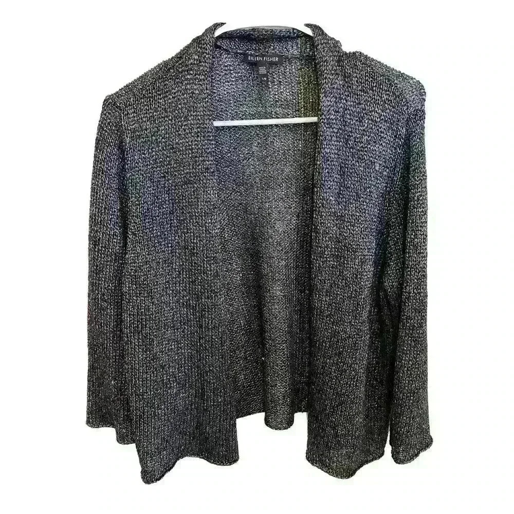 EILEEN FISHER METALLIC OPEN FRONT 3/4 SLEEVE LINEN CARDIGAN SWEATER SIZE LARGE